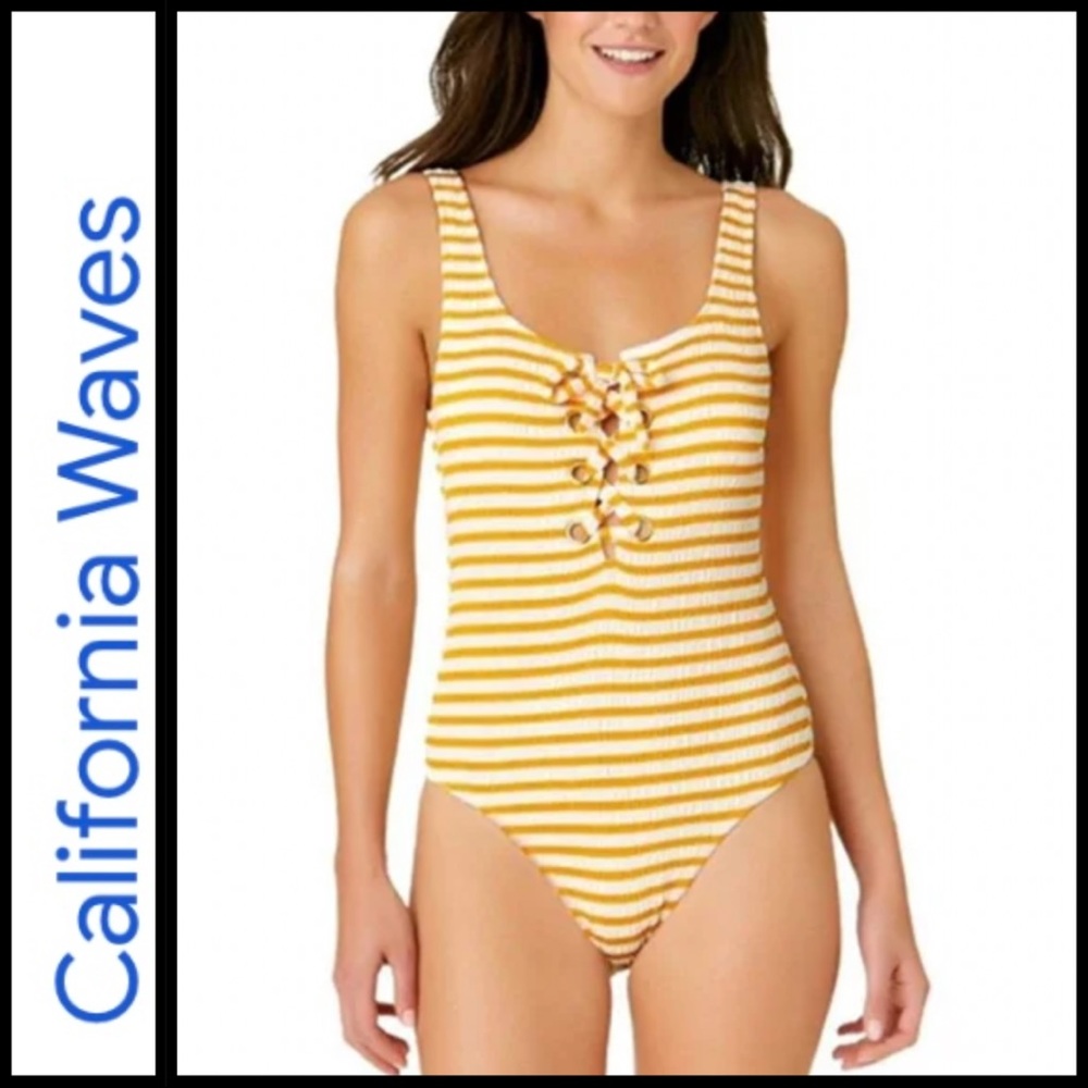 NWOT California Waves Smocked Lace-Up Swimsuit